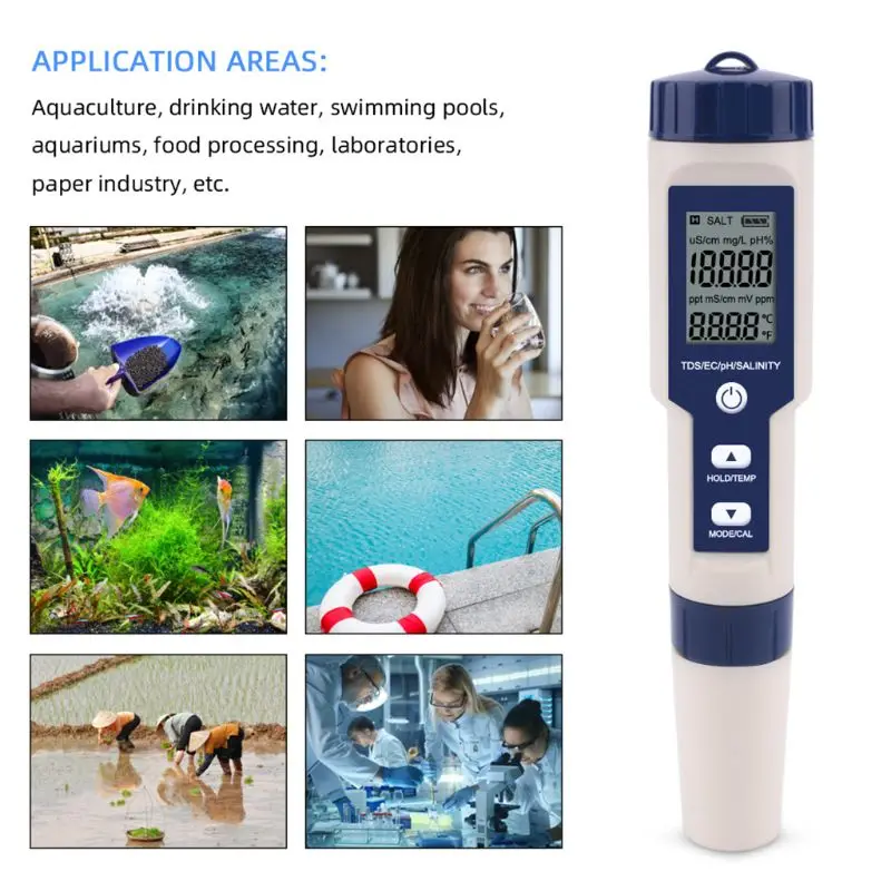 

5 in 1 TDS/EC/PH/Salinity/TEMP Water Quality Tester With Electrode Replaceable Can Measured Non-sea Salinity EZ-9909