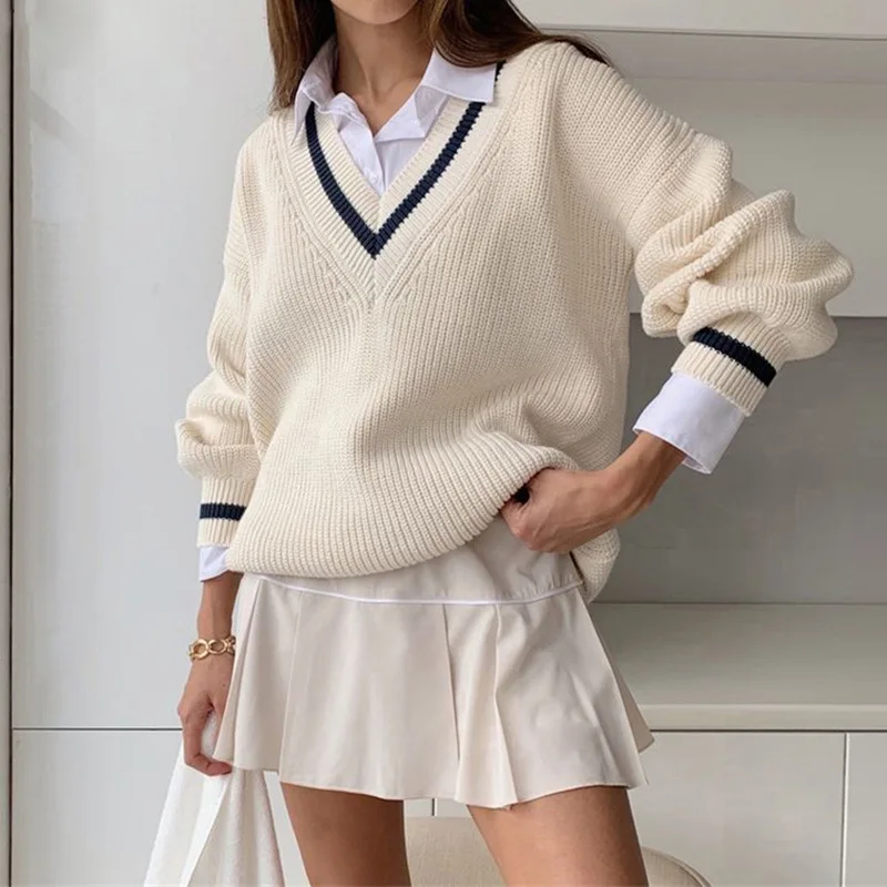 

America Style Casual Sweaters College Style Contrast Color Drop Shoulder Loose Knitted Pullovers Mid-length V-neck White Sweater