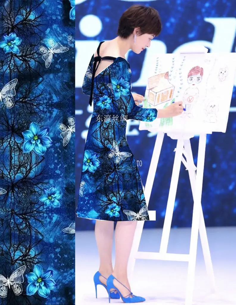 Новинка женские платья высокого качества компьютерные цифровые цветы синие