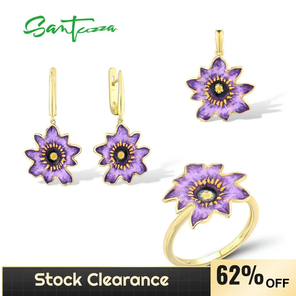

SANTUZZA 925 Sterling Silver Jewelry Set For Women Elegant Purple Brown Enamel Flower Pendant Earrings Ring Fine Jewelry Gift