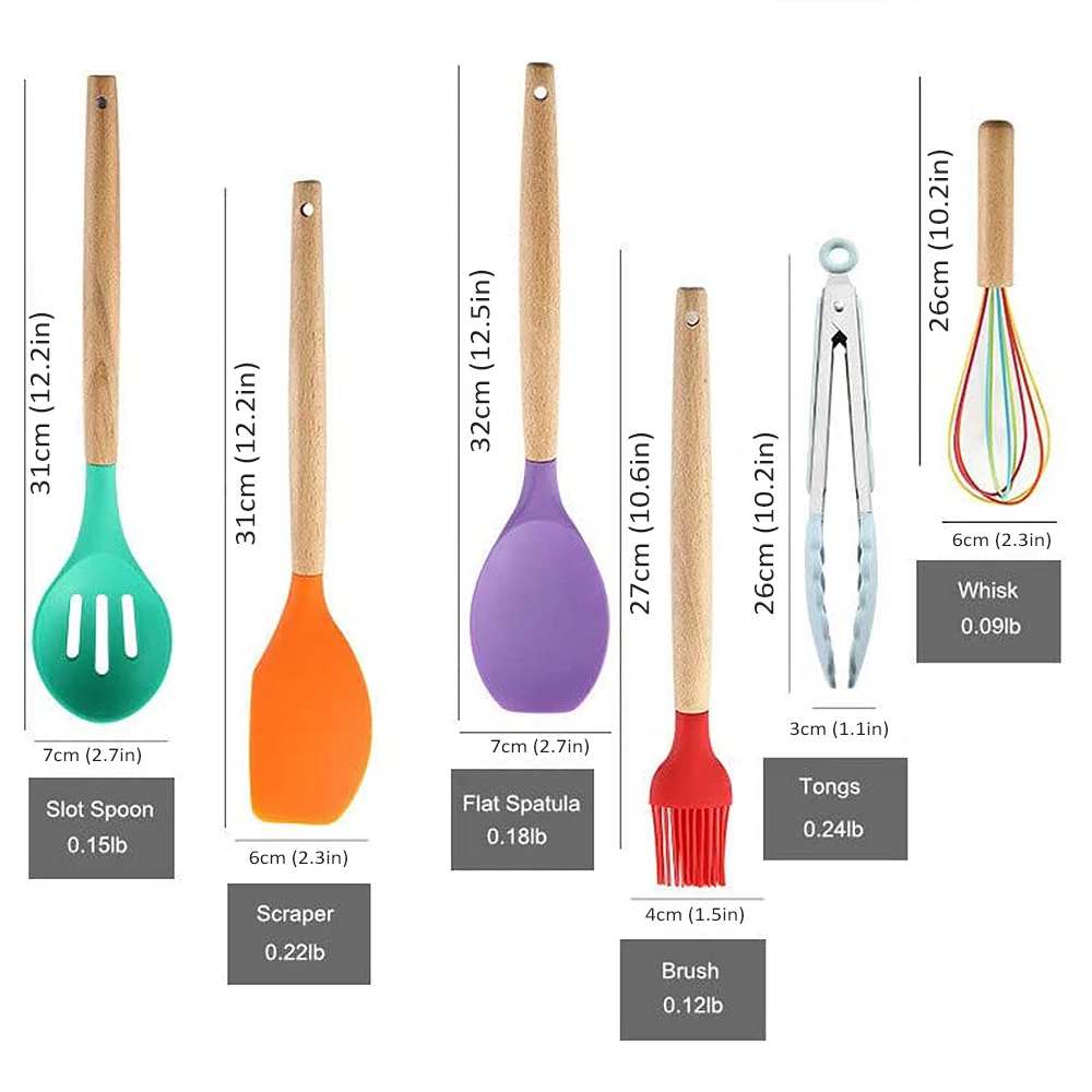 

12-Piece Set Color Wooden Handle Silicone Kitchenware Non-Stick Silicone Kitchenware Kitchen Cooking Tools Accessories