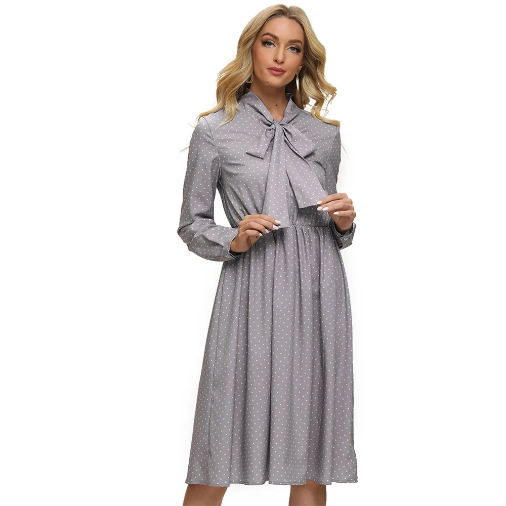 

Dress 2021 Spring New Women's Dress Polka dot Bow Elegant elegant Long Sleeve Mid-length dress