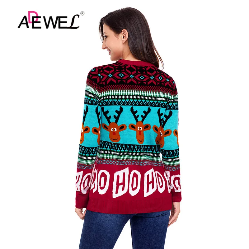ADEWEL Red Cute Cartoon Reindeer Christmas Sweater Snowman Deer Full Sleeve Sweaters O-neck Women Pullovers Winter Warm Tops | Женская