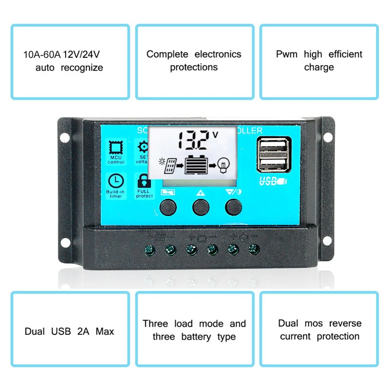 60 A / 50 40A 30A 20A 10A Авто de 1v2v контроллер солнечной зарядки ШИМ LCD двойной USB выход 5V