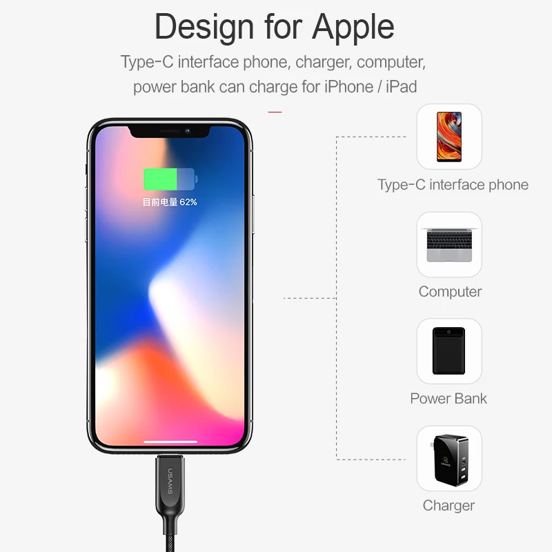 USAMS usb type C кабель для освещения iPhone X 8 7 6 type-C до 8Pin USB 2 в 1 синхронизации и зарядки iOS 9