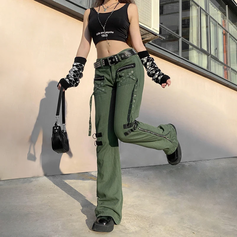 

WeiYao Goth Grunge Flared Jeans Woman Low Waist Denim Trousers Eyelet Punk Techwear Fake Zipper Vintage Streetwear Cargo Pants