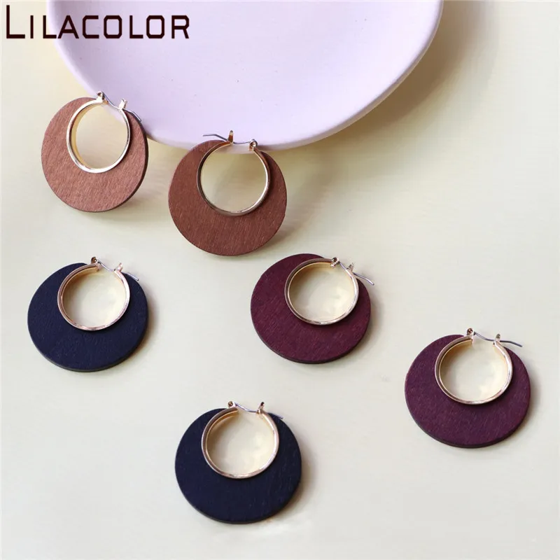 Lilacolor деревянные геометрические полые круглые серьги кольца Простые Модные