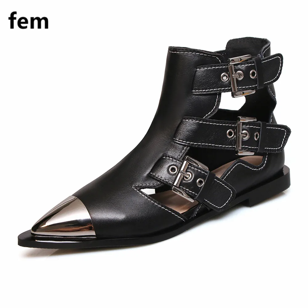 

Metal Toe Women's Shoes Flats Ankle Boots For Women Summer Cut Out Buckle Sandals Boots For Women Botines Mujer Genuine Leather
