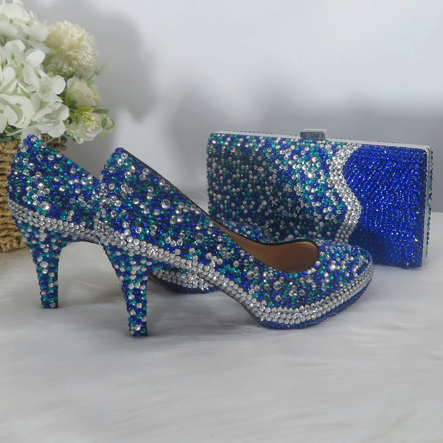 Ярко синие разноцветные Серебристые свадебные туфли с сумочкой в комплекте