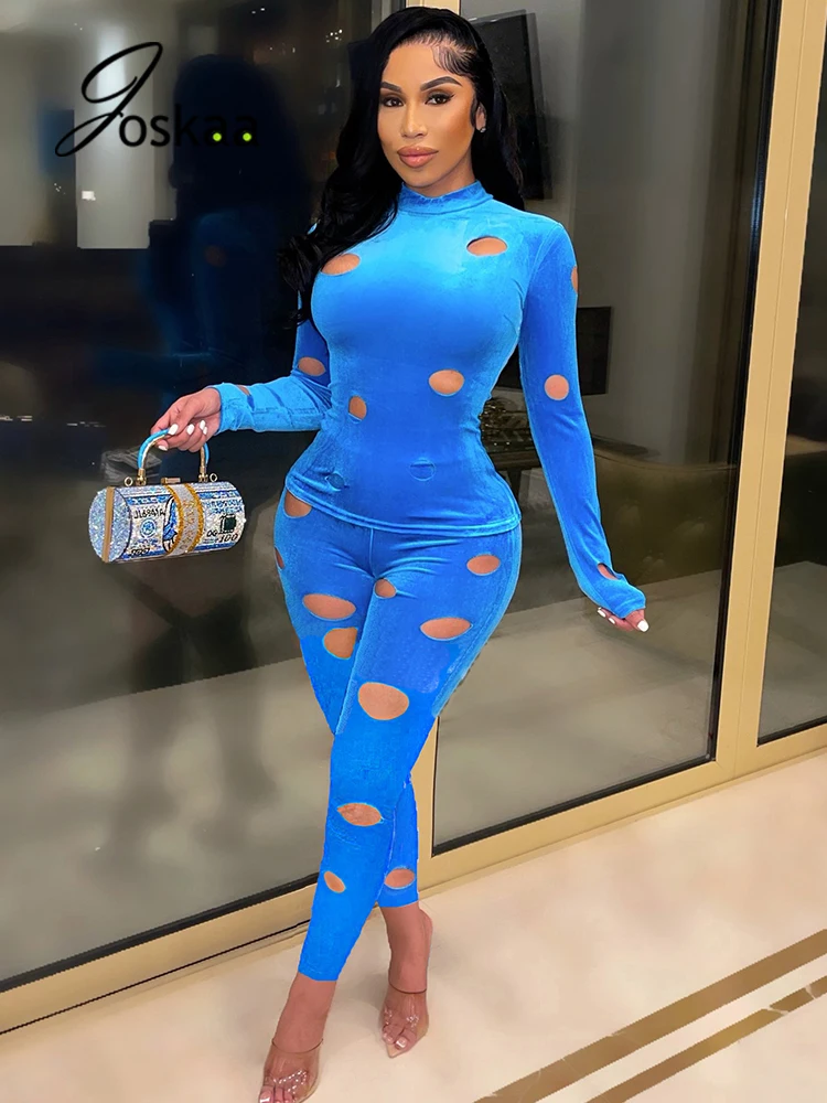 

Joskaa, яркие бархатные Футболки с длинным рукавом и брюки-карандаш, комплект из двух предметов, женский зимний 2021, сексуальная уличная одежда