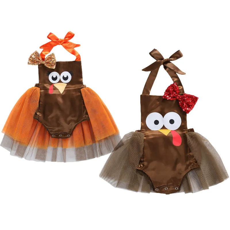 

NEW 2020 Thanksgiving Infant Baby Girls Rompers Cartoon Turkey Print Mesh Tutu Jumpsuit Toddler Girl Bowknot Party Clothes 0-18M