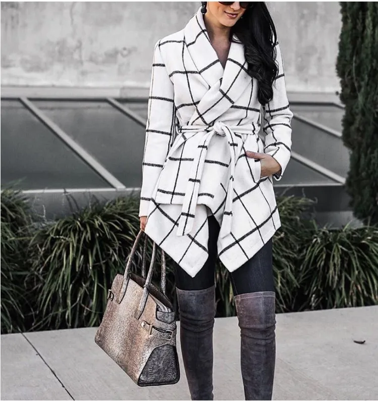 

Autumn Winter Women's Plus Size Mid-length Skirt Jacket Sashes Plaid Fashion Woolen Tweed Coat Blends Cashmere Belted Wool Coat