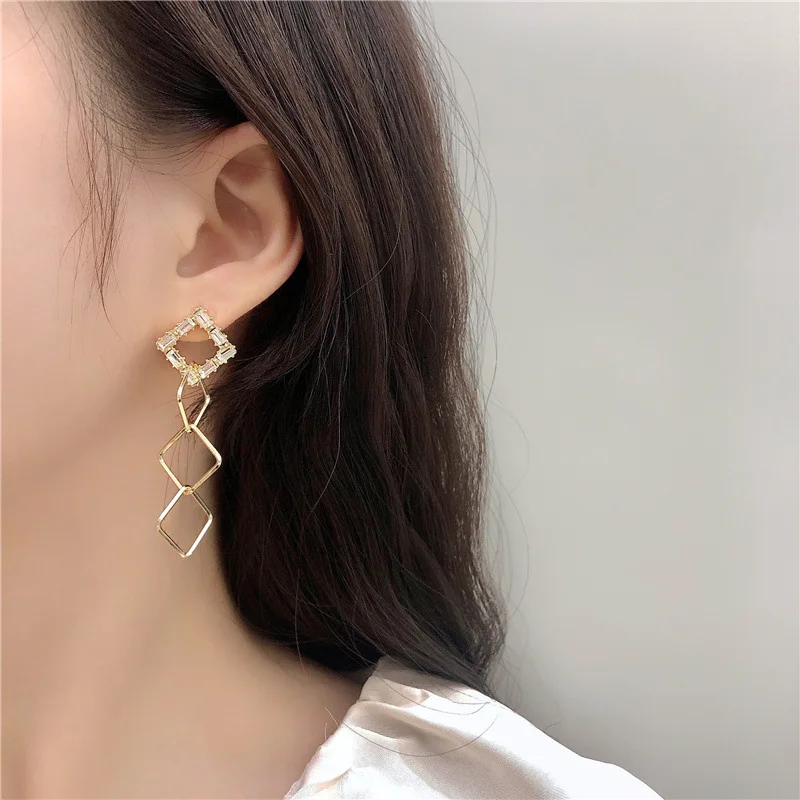 

New Square Rhinestone Geometric Earrings for Women Aesthetic Long Statement Earrings