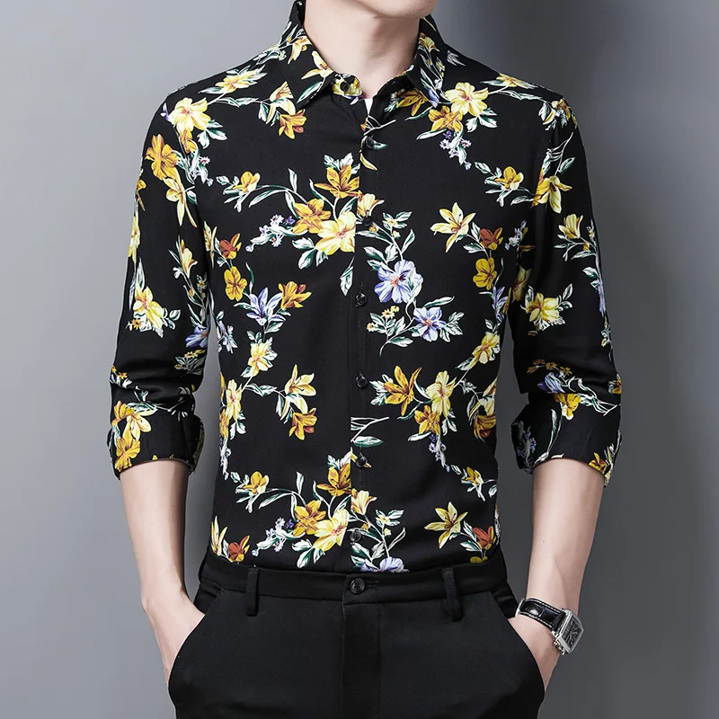 

Изысканная Модная рубашка с цветочным принтом и длинным рукавом, новинка, осенняя Качественная мужская рубашка из мерсеризованного хлопка