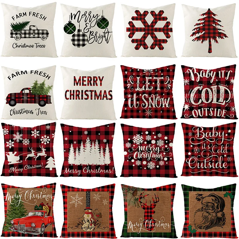 

45*45cm Christmas Cushion Cover Cotton Linen Red Plaid Pillow Covers For 2021 New Year Xmas Home Sofa Pillowcase Christmas Gifts
