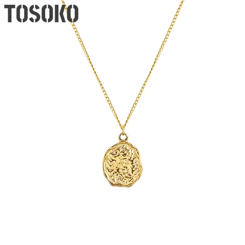 

TOSOKO Stainless Steel Jewelry Embossed Peach Heart Irregular Pendant Necklace Women's Fashion Clavicle Chain BSP730