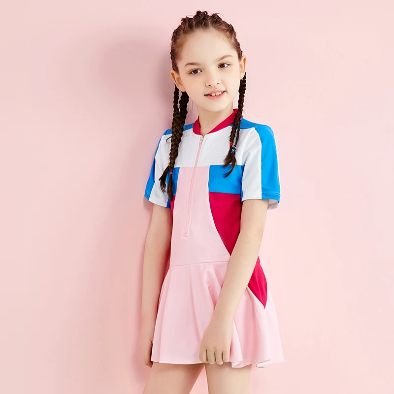 

Girls Patchwork Swimsuit One Piece Swimwear Kids Short Sleeve Summer Beachwear Children Bathing Suit With Cap Skirt Zipper Pink
