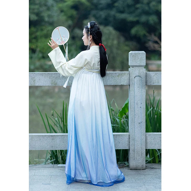 Градиентная синяя традиционная китайская одежда костюм hanfu Женский Белый Топ