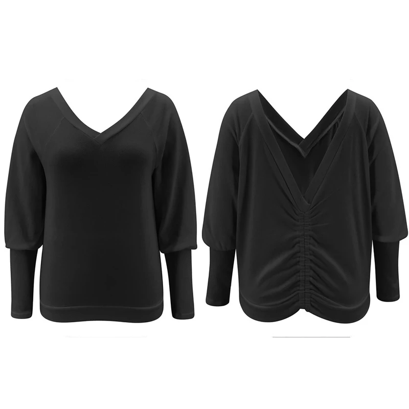 

2020 Fashion Women Spring Autumn T-Shirts Patchwork Design V-Neck Long Sleeve Backless Solid Color Casual Loose Pullovers tops