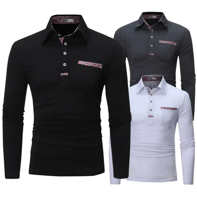 Весенние повседневные топы поло с длинным рукавом мужские черные белые футболки