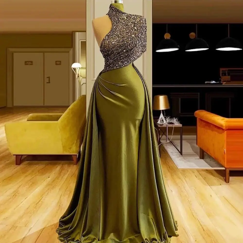 

Dark Green Mermaid Evening Dresses with Overskirt High Neck Sequined Floor Length Satin Long Prom Gowns Noble Formal Party Dress