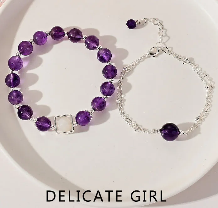 

2020 New Hot Trend Style Simple Purple Crystal Lucky Beads Double Chain Bracelet For Women Friends Gifts