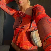 summer tie dye print crop top women y2k casual aesthetic harajuku streetwear long sleeve cut out orange sexy t shirt mall goth