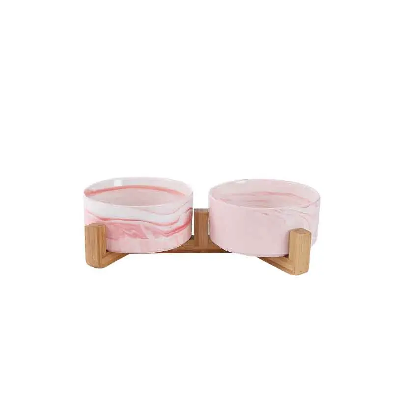 

Ceramic Double Cat Dog Bowl Dish with Wood Stand No Spill Pet Food Water Feeder Drinking Cats Dogs Pet bowl Supplies
