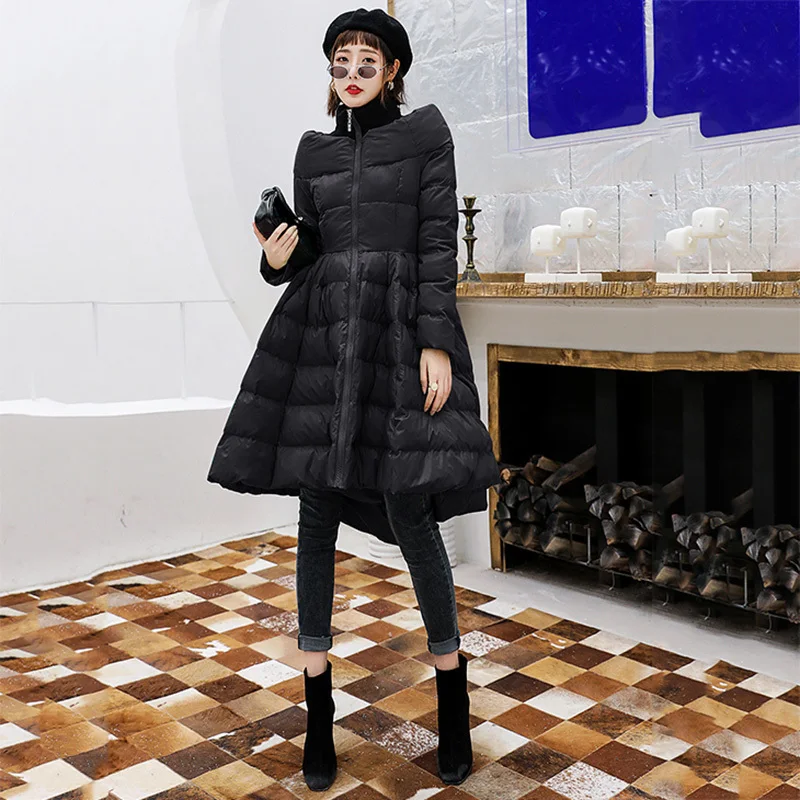 [EAM] Turtleneck Spliced Big Hem Cotton-padded Coat Long Sleeve Loose Fit Women Parkas Fashion New Autumn Winter 1H100 - Color: Black