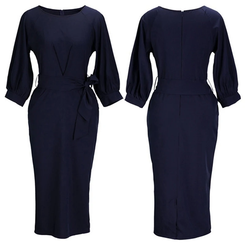 

New Women Spring Dress Office Lady Mod-Calf Pencil Dress With Sashes Lantern Sleeve Slim Bodycon Business Party Dress Vestidos