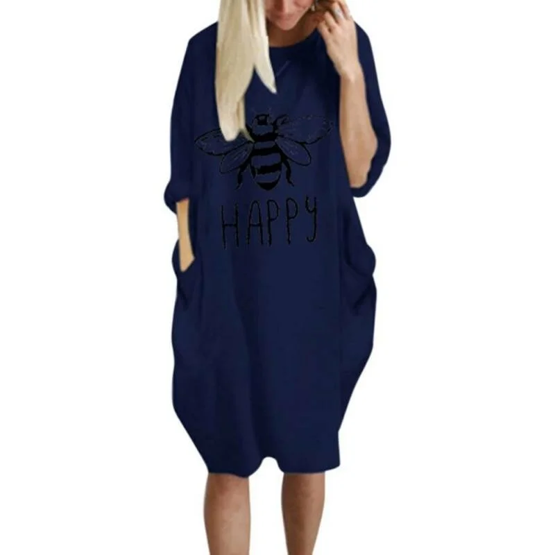 

VICABO Womens Fashion Bee-Print Round Neck Baggy Robe Femme Long Sleeve T-Shirt Dress Autumn Loose Casual Short Dress Plus Size