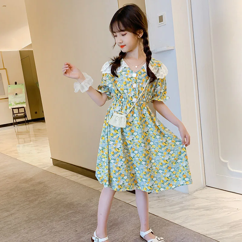 Летнее платье для девочек новинка 2021 длинное Цветочное в пасторальном стиле с