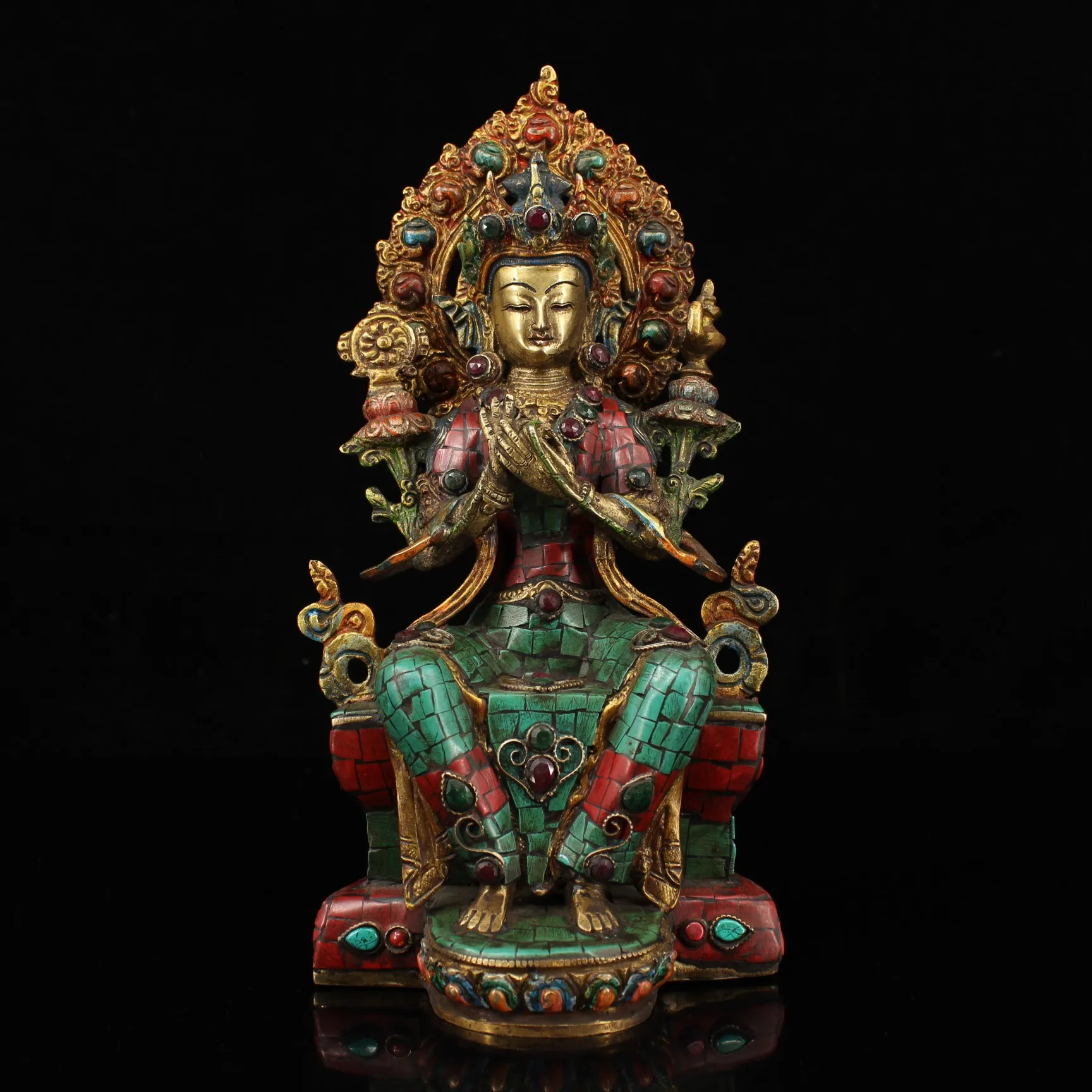 

11"Tibetan Temple Old Bronze Outline in gold Mosaic Gem Turquoise Maitreya Bodhisattva Bafo Sitting Buddha Worship Hall