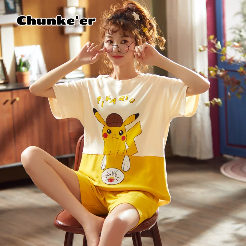 

Summer Pajamas Korean Version Pure Cotton Short Sleeve Comfortable Round Neck Women's Cartoon Can Be Worn Outside Leisure Loose