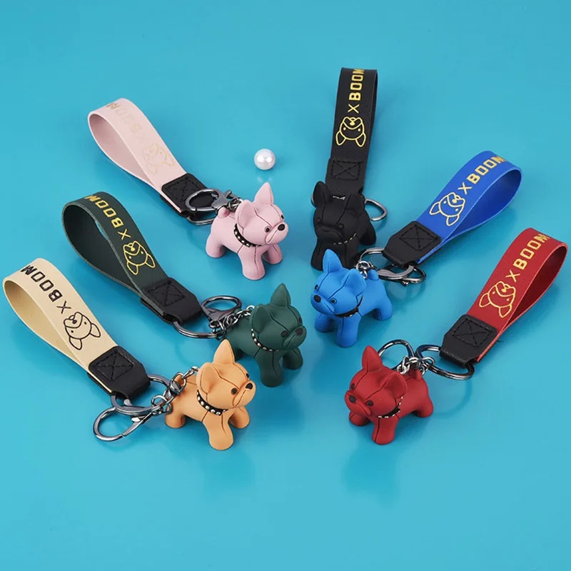 

TRJE Puppy French Fighting Dog Bronzing Leather Cord Keychain Creative Cute Female Cartoon Keyring Small Pendant Accessories