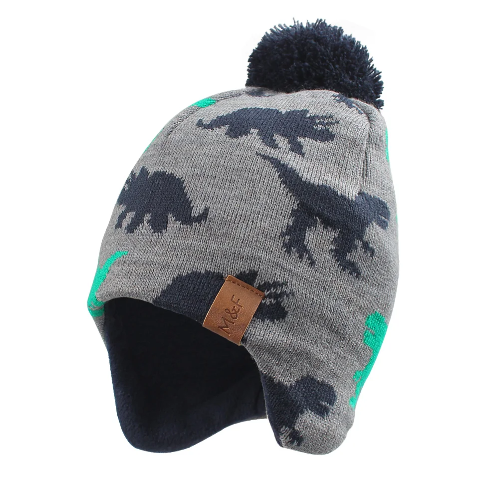 Dinosaur Baby Beanie Hat Winter Spring Toddler Boys Girls Earflap Cap Thick Lining Warm with PomPom Polyester Elastic | Детская одежда