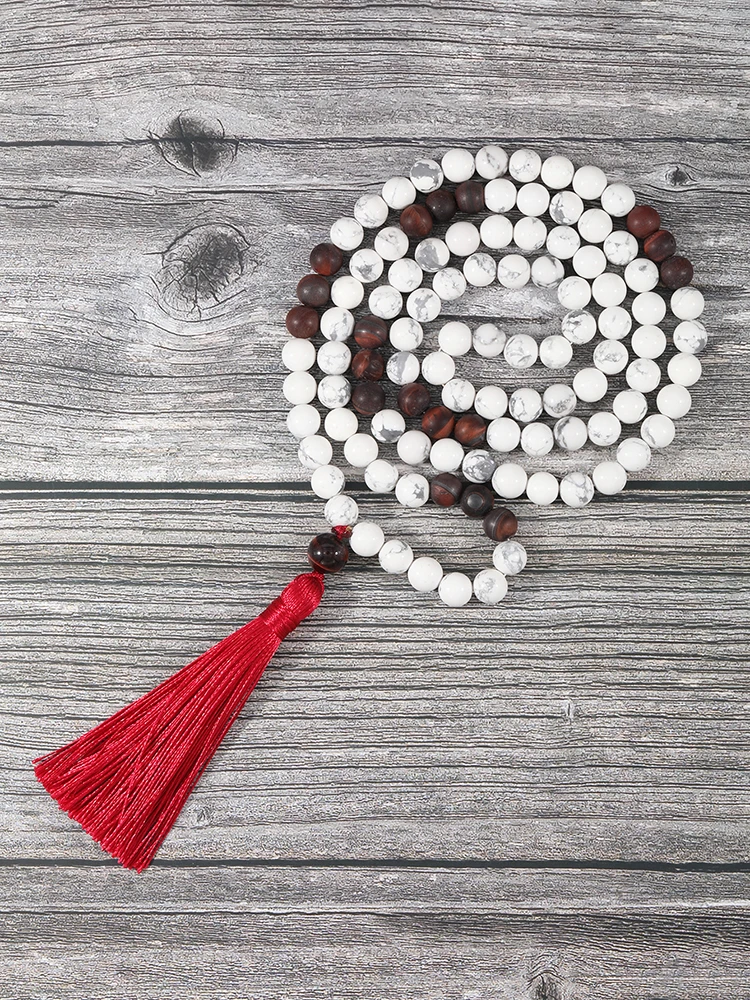 

YUOKIAA Natural White Turquoise Howlite Necklace Healing Mala 108 Beads Frosted Picasso Jaspers Yoga Spirit Jewelry for Women