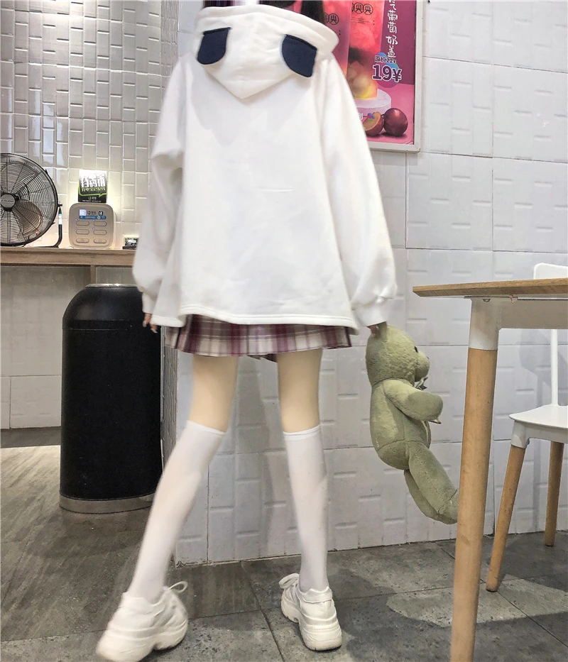 

Japanese Plus Velvet Hooded Women Autumn Winter Sweet Cute Bear Print Buckle Long Sleeve Hoodies Girl Pullover Student Tops