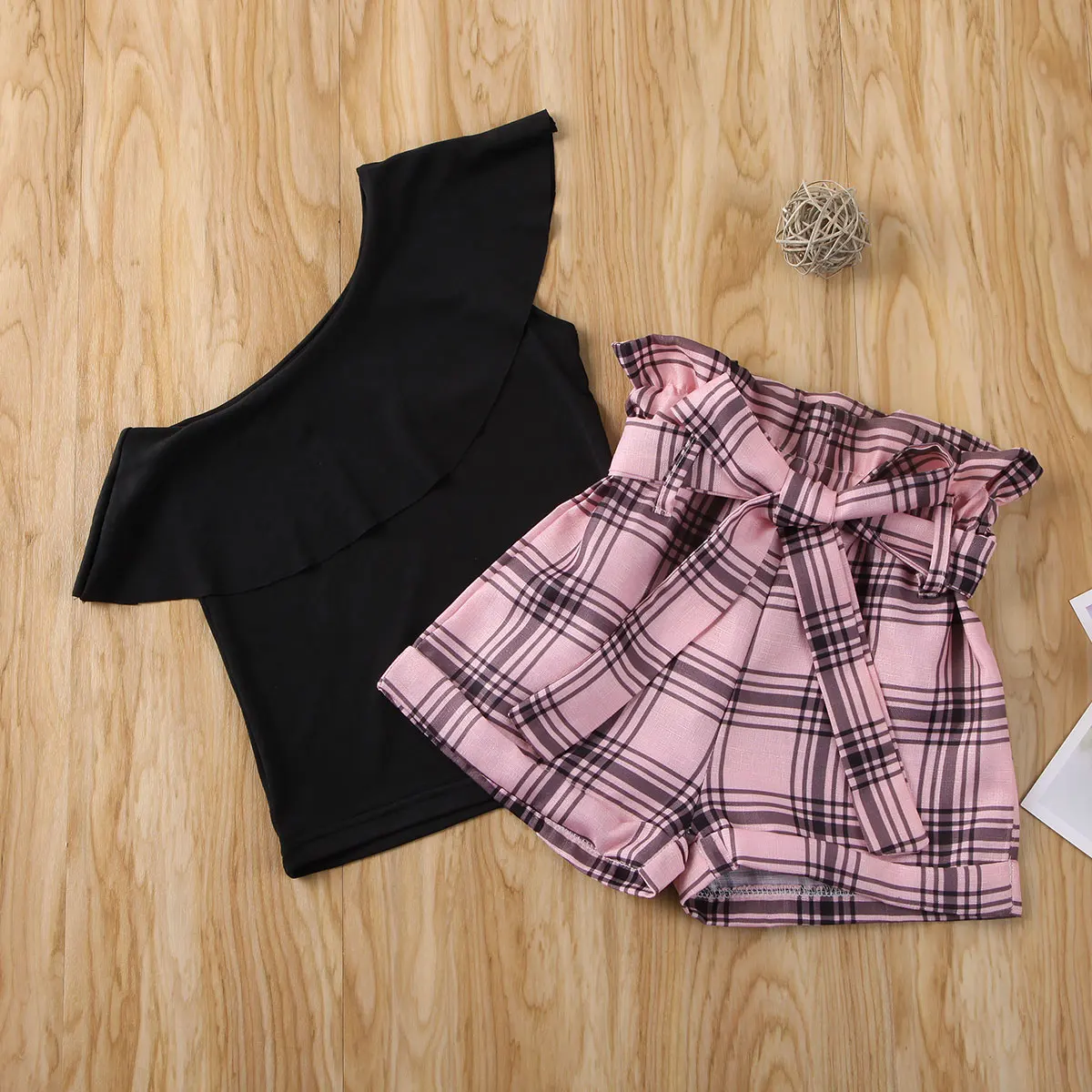 2-7Y Toddler Baby Girls Clothes Sets One Shoulder Ruffles T Shirts Tops Plaid Print Bow Shorts 2pcs | Детская одежда и обувь