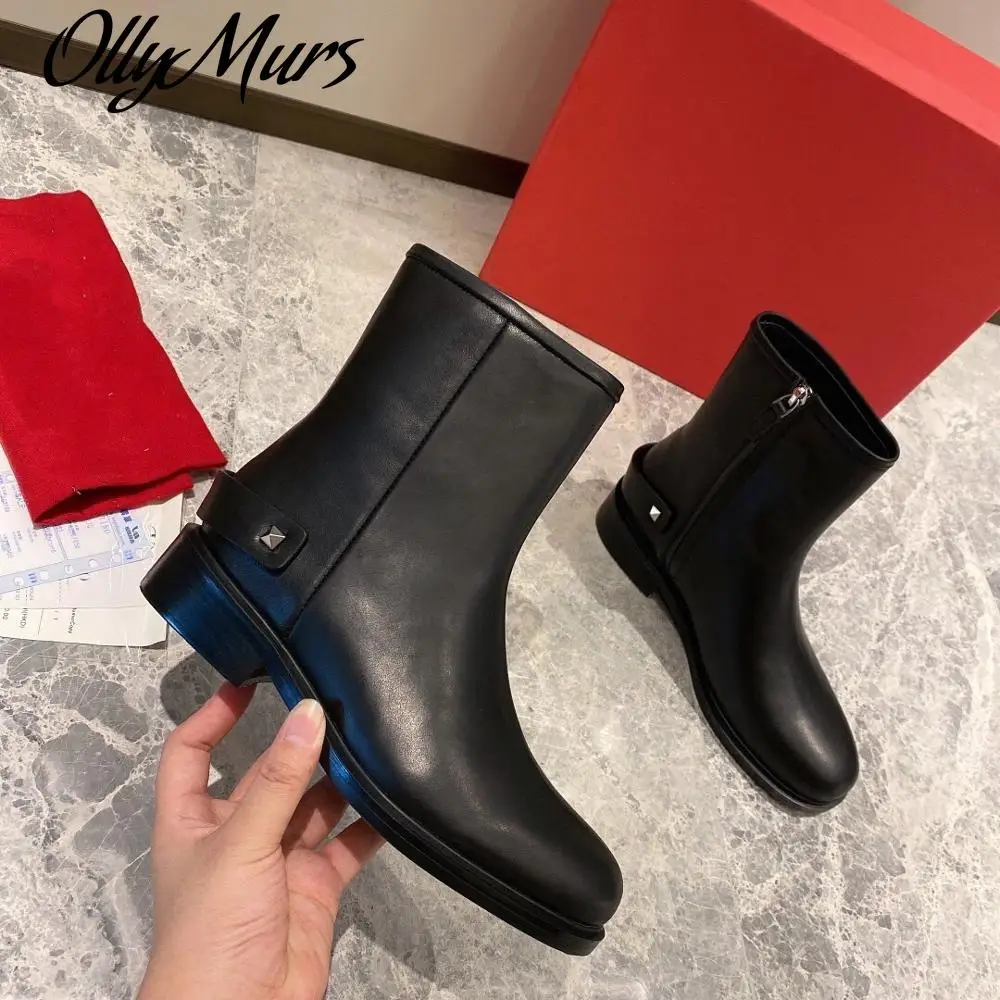 

Ollymurs Winter Shoes Woman Genuine Leather Mid-calf Boots Woman Motorcyle Boots Marten Boots Round Toes Square Heels Boots