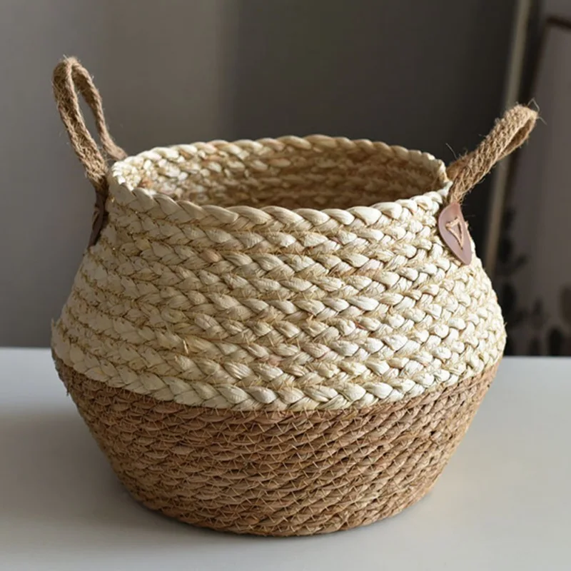 

Straw Clothes Storage Basket Desktop Sundries Storage Boxes Household Supplies Container Garden Flower Pot Plant