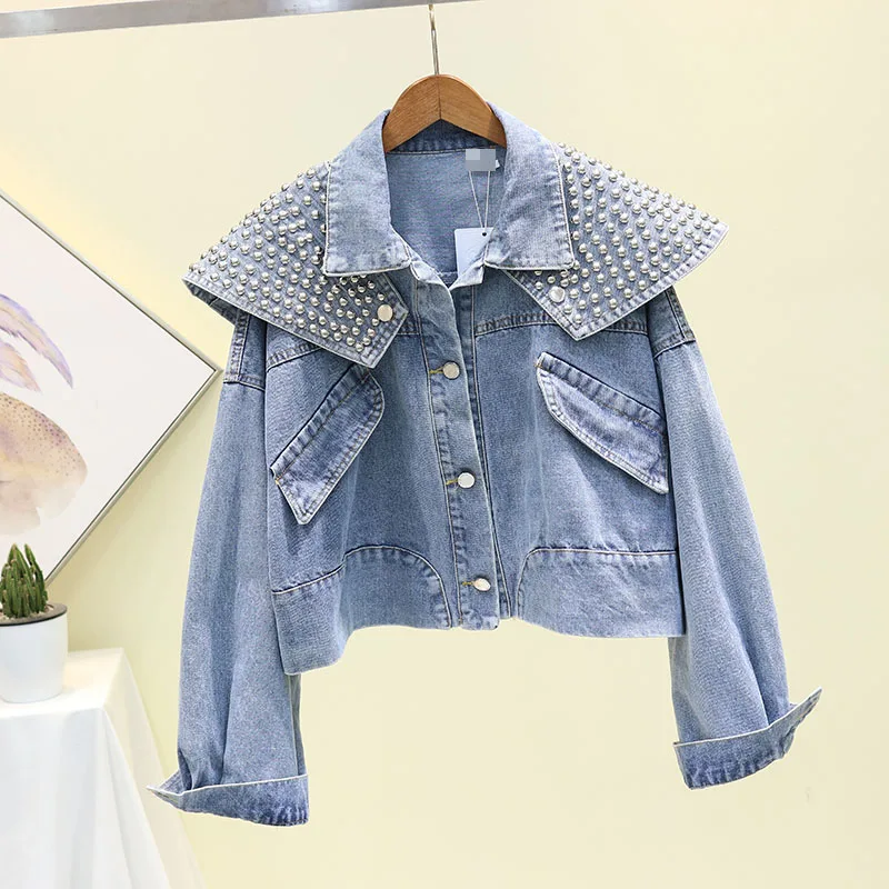 Куртка женская джинсовая с заклепками модный свободный жакет из денима в стиле