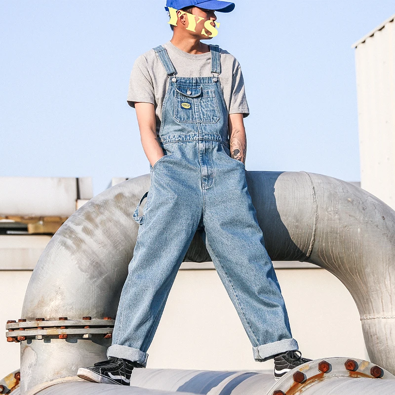 Мужской джинсовый комбинезон повседневный свободный в стиле хип-хоп с широкими