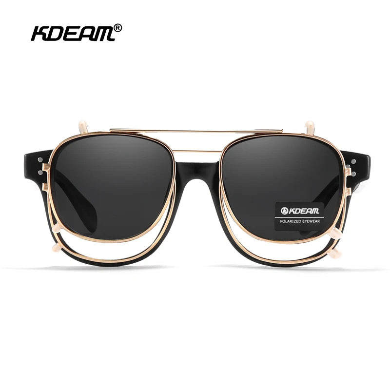 KDEAM Flip Type Unisex Sunglasses Polarized Steampunk Clip On Sun Glasses Removable Square Shades With Hard Box KD127