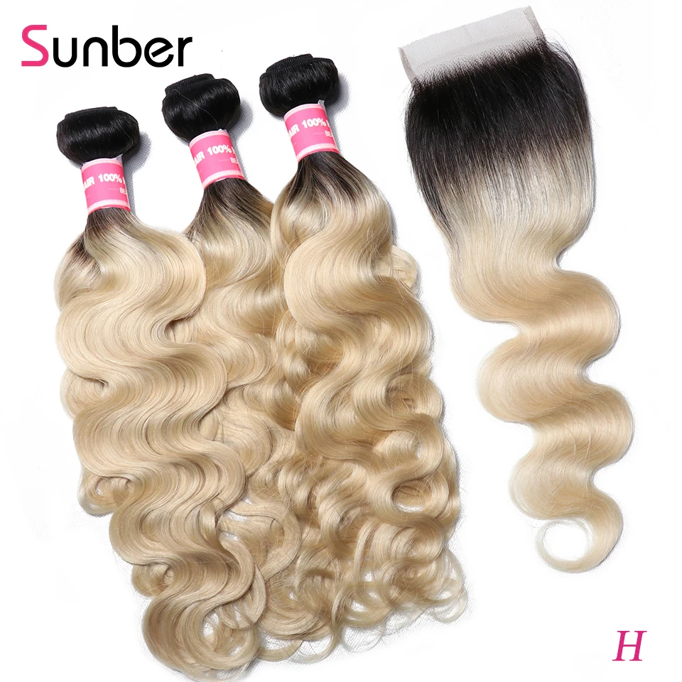

Sunber Hair T1B/613 Malaysia Hair Body Wave Bundles with Closure 10''-20'' Remy Human Hair Ombre Blonde 3/4Bundles with Closure