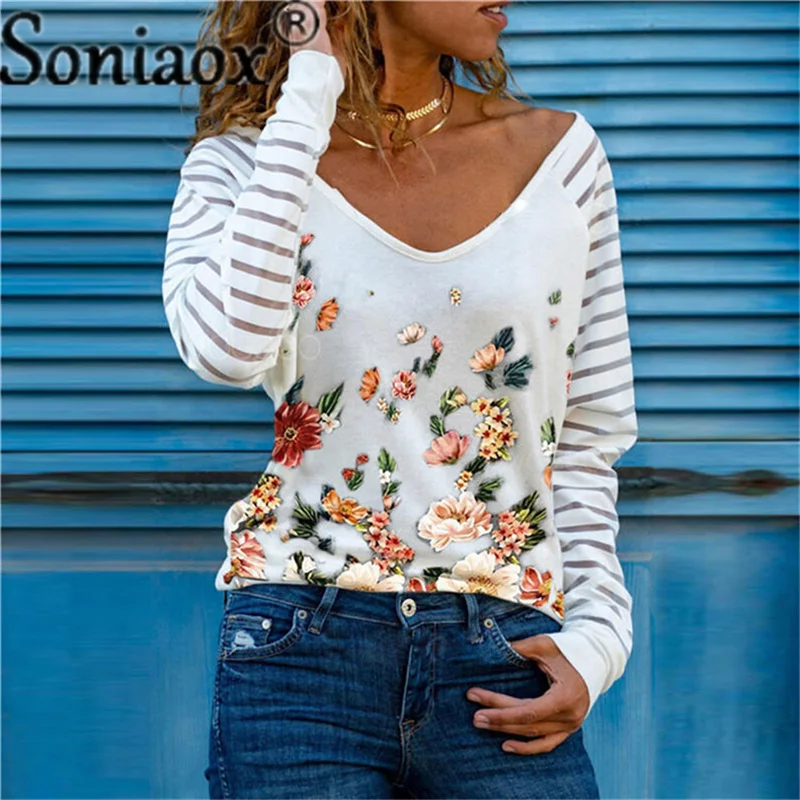 

Sexy V-Neck Floral Print Autumn T-Shirt Long Sleeve Ladies Fashion Casual Tops Striped Sleeves 2021 New Women's Street Clothing