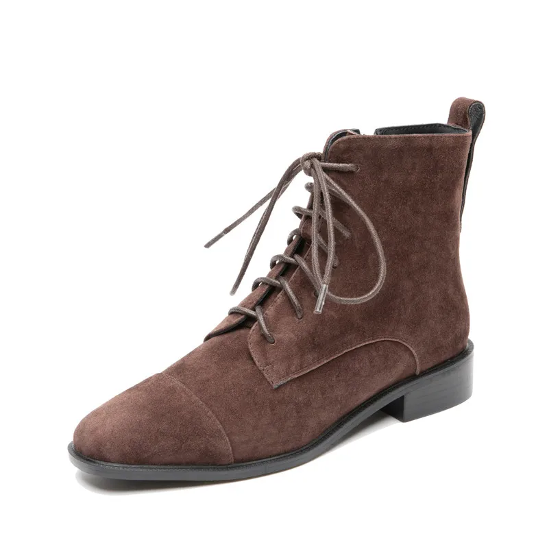 

FOREADA Low Heel Woman Boots Natural Genuine Leather Ankle Boots Zipper Block Heel Shoes Lace Up Ladies Short Boots Autumn Brown