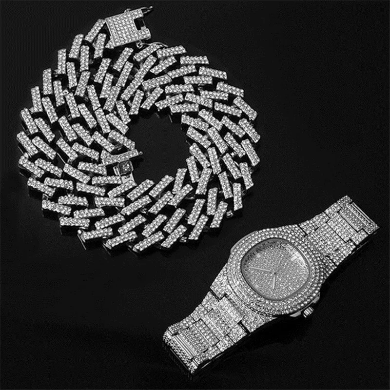 

Necklace +Watch+Bracelet Hip Hop Miami Curb Cuban Chain Gold Iced Out Paved Rhinestones CZ Bling Rapper For Men Jewelry