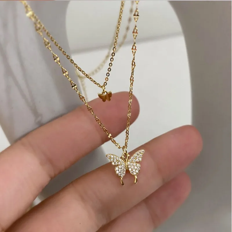 

New Shiny Butterfly Necklace Golden Silver Color Ladies Exquisite Double Layer Clavicle Chain Necklace Jewelry for Ladies Gift