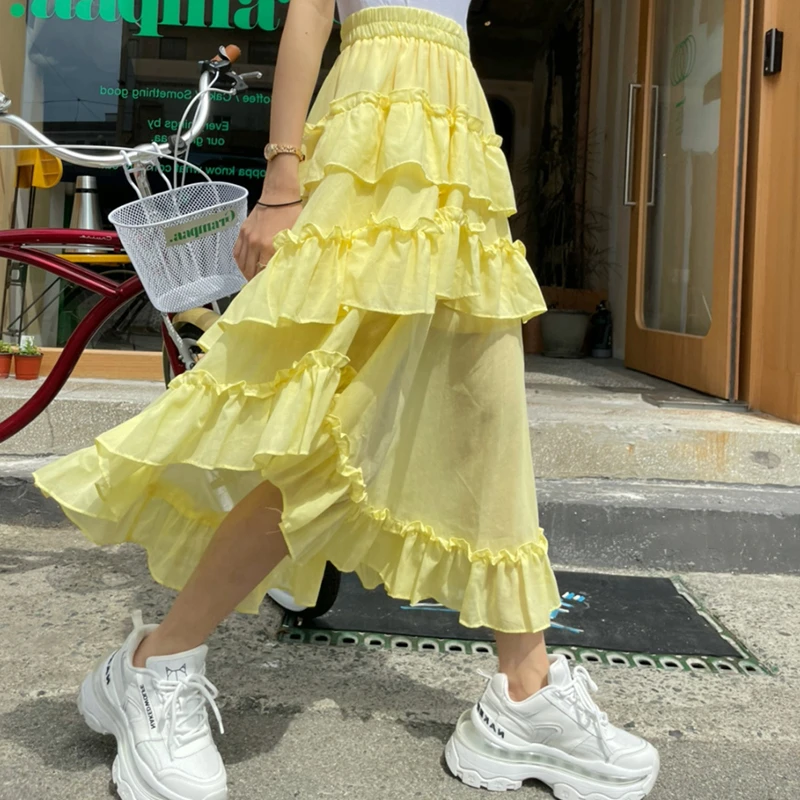 

Новая трапециевидная юбка средней длины, юбка в стиле "Лолита", женская летняя юбка с высокой талией, асимметричные юбки со складками и оборк...